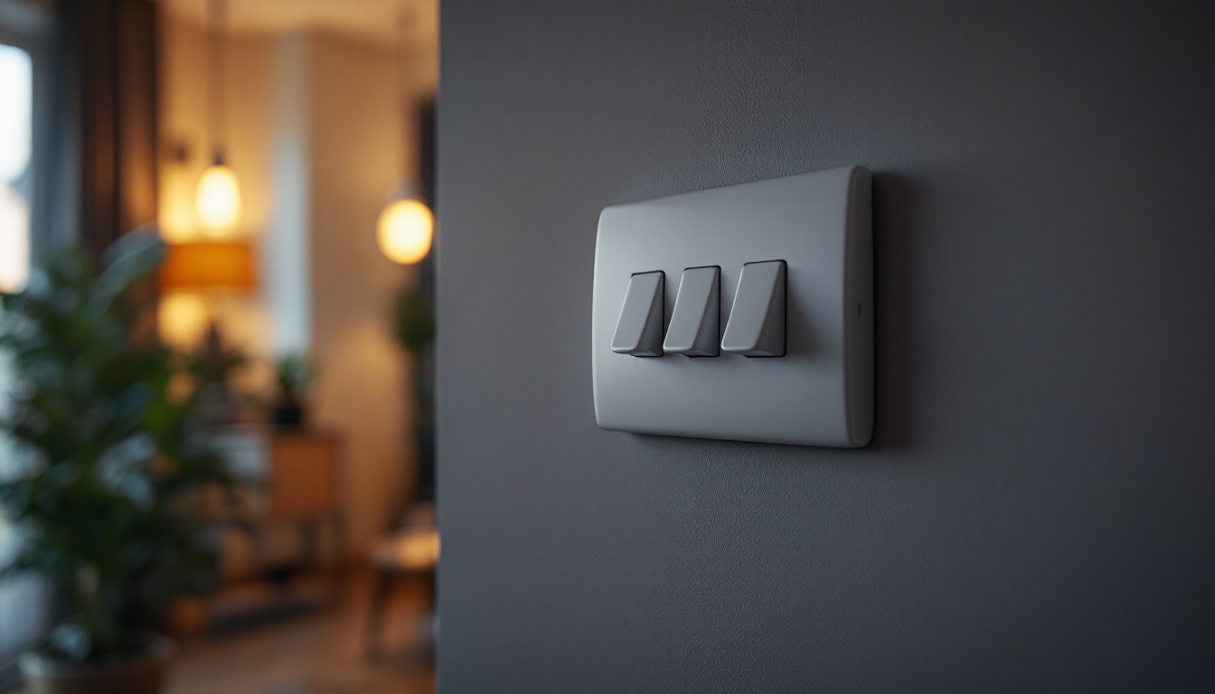 A photograph of a modern three-way light switch in a stylish home setting