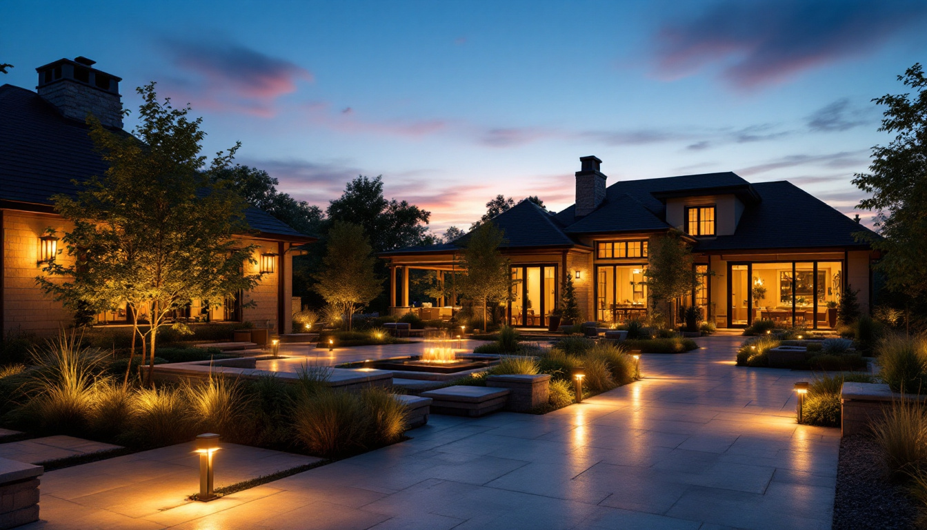 A photograph of a beautifully designed outdoor space illuminated by dawn to dusk exterior lights