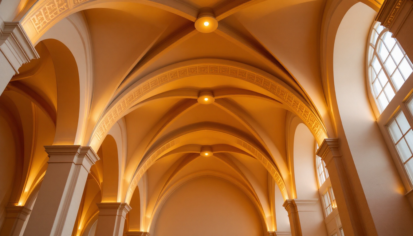 A photograph of a beautifully designed cathedral ceiling featuring stylish can lights that illuminate the space