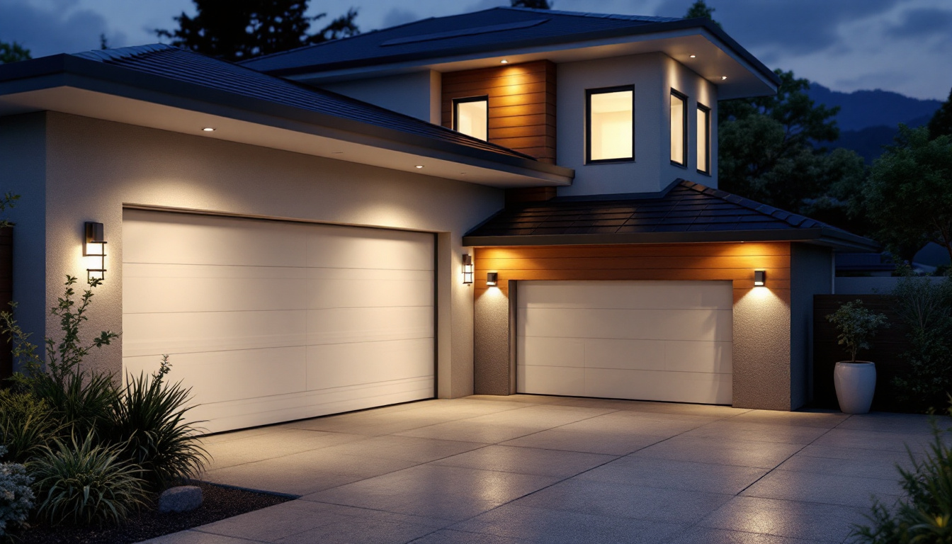 A photograph of a beautifully illuminated outdoor garage featuring stylish solar lights