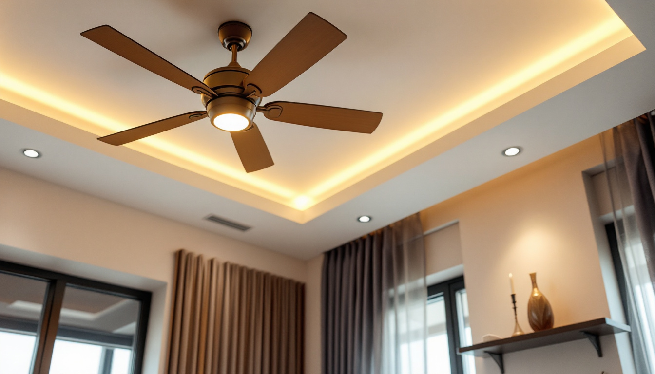 A photograph of a stylishly designed room featuring an elegant ceiling fan and modern light fixtures