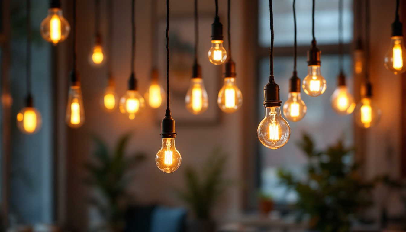 A photograph of a cozy interior space featuring various small hanging lights in different styles and arrangements