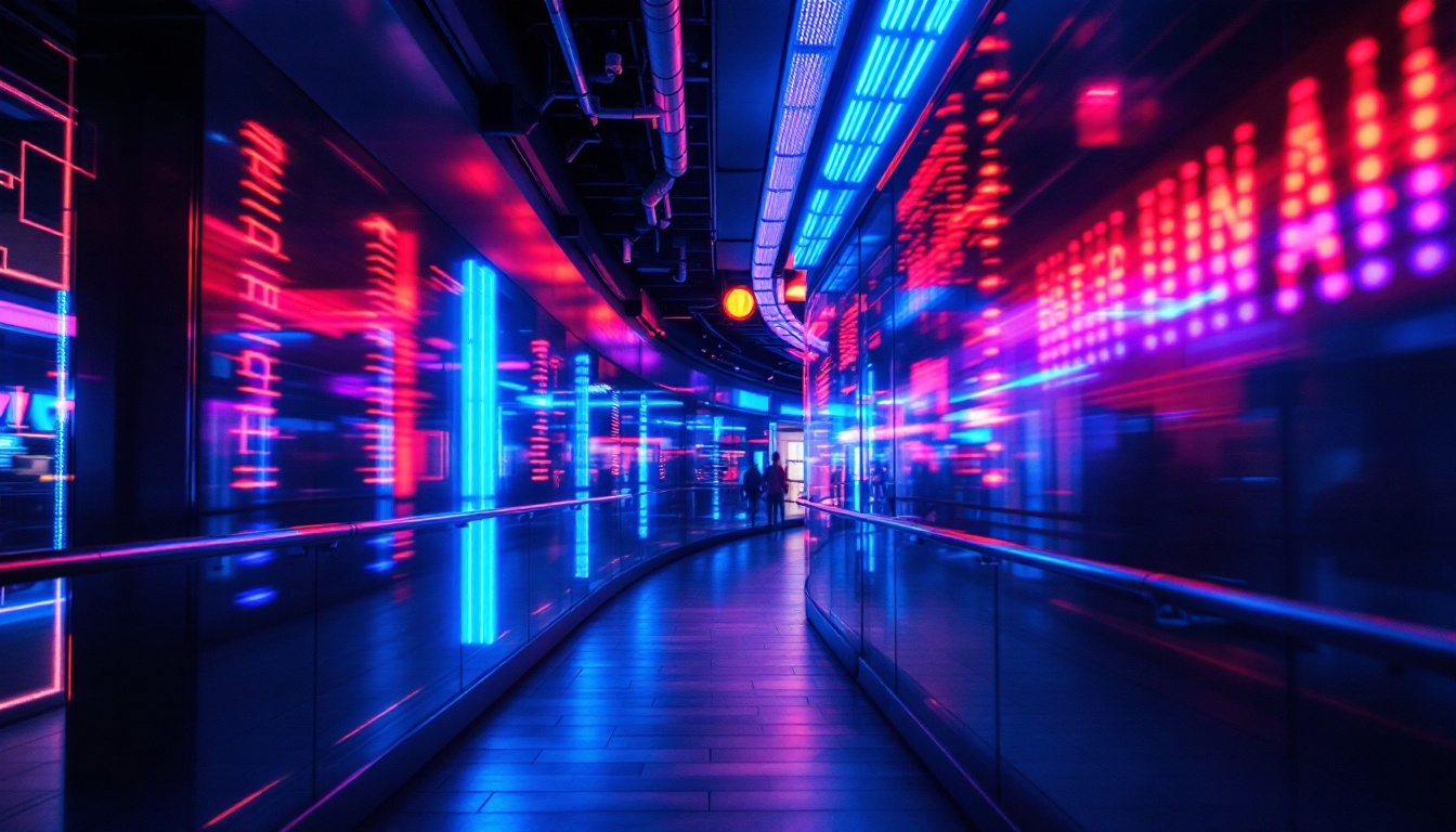 A photograph of capture a photograph of a modern led lighting installation in an urban environment