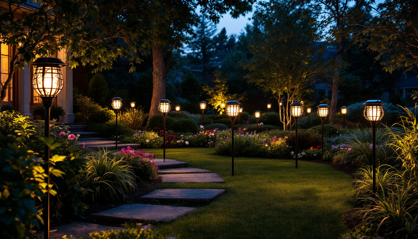 A photograph of a beautifully landscaped yard illuminated by a variety of solar yard lamps at dusk