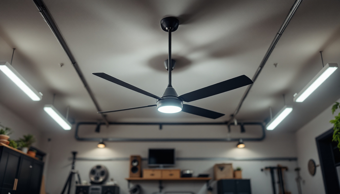 A photograph of a stylish garage interior featuring a sleek ceiling fan seamlessly integrated with modern lighting fixtures