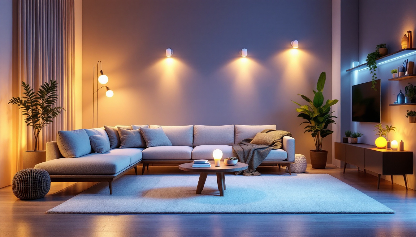 A photograph of a beautifully lit modern living space showcasing various lighting automation features