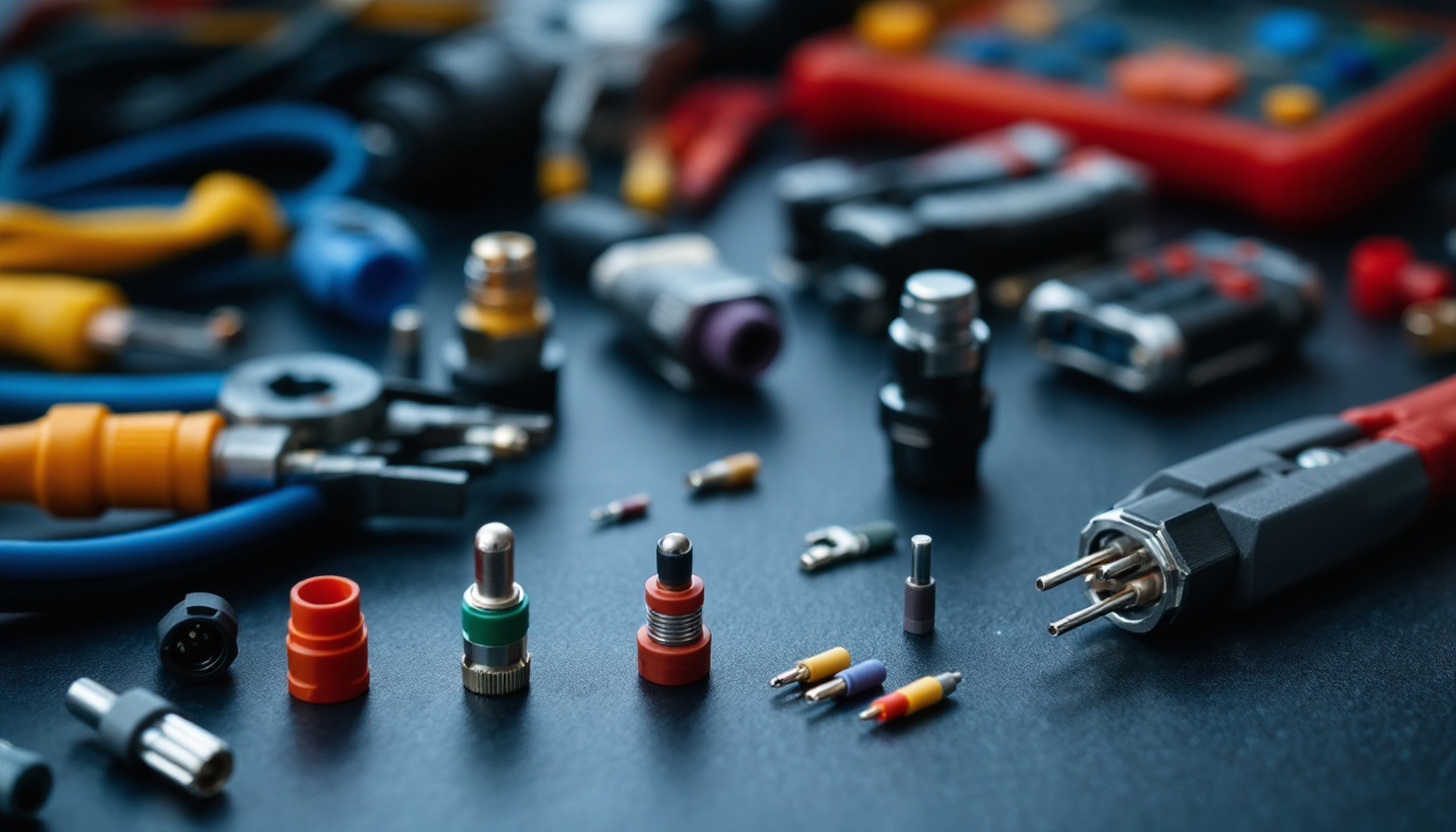A photograph of a close-up shot of various types of electric wire connectors arranged aesthetically