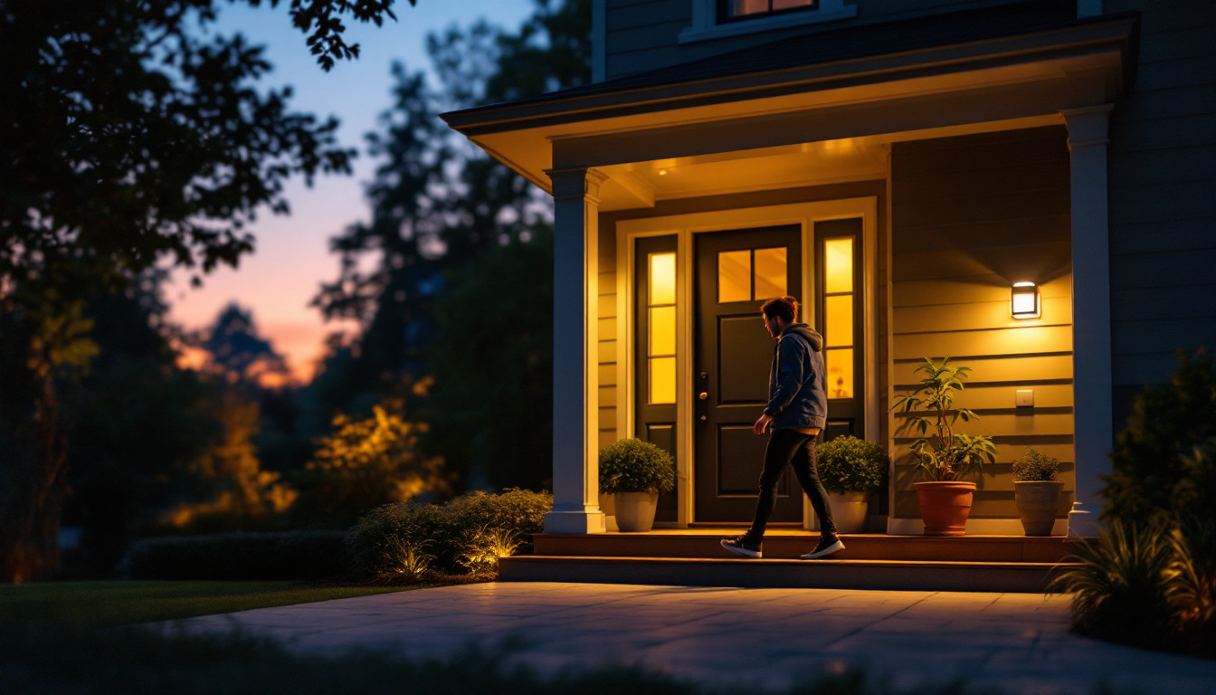 A photograph of a beautifully illuminated porch at dusk