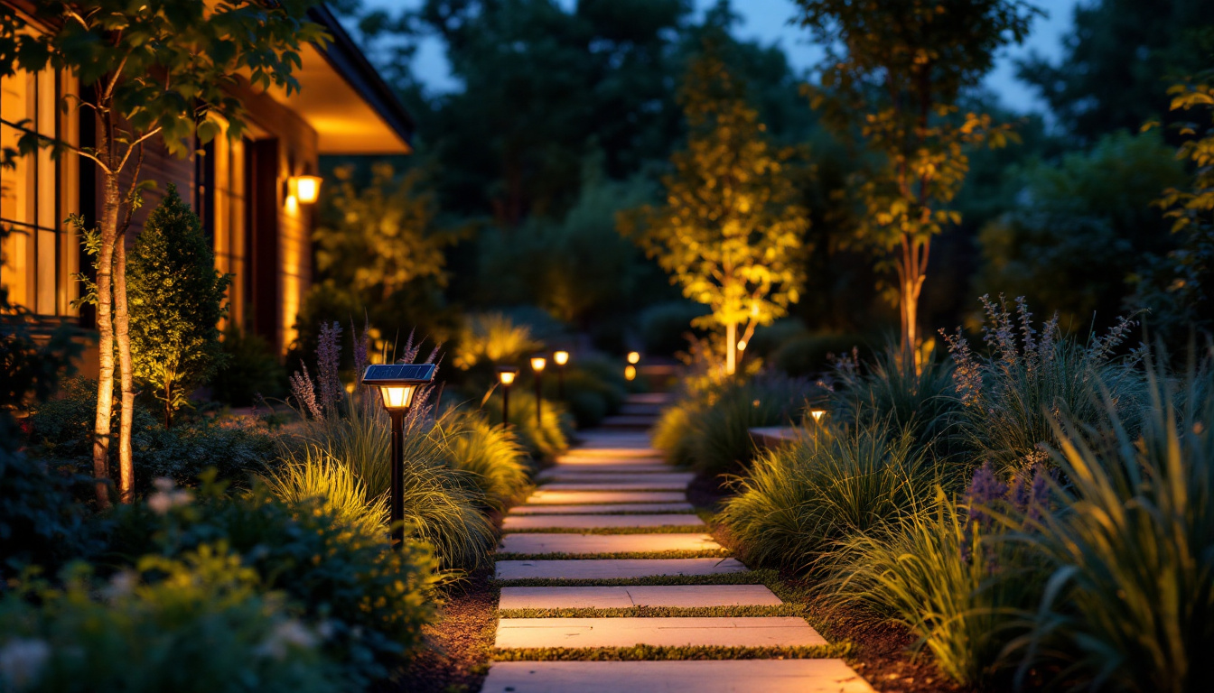 A photograph of a beautifully landscaped outdoor space illuminated by solar accent lights at dusk