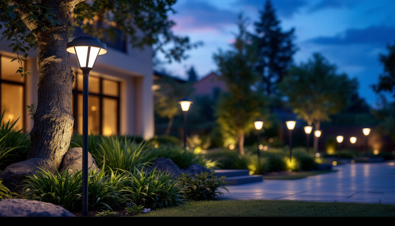 A photograph of capture a photograph of a beautifully landscaped outdoor space illuminated by stylish led solar lights at dusk