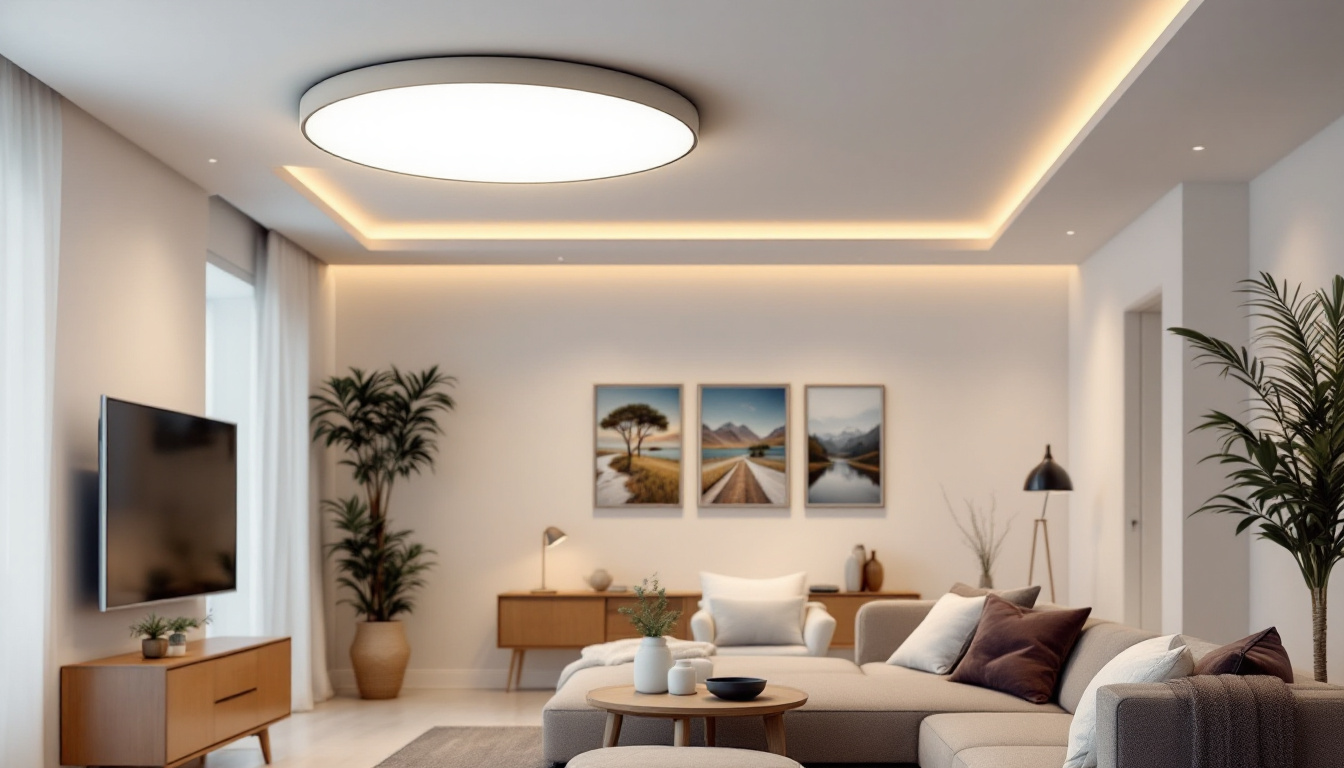 A photograph of a modern interior space featuring flush led ceiling lights