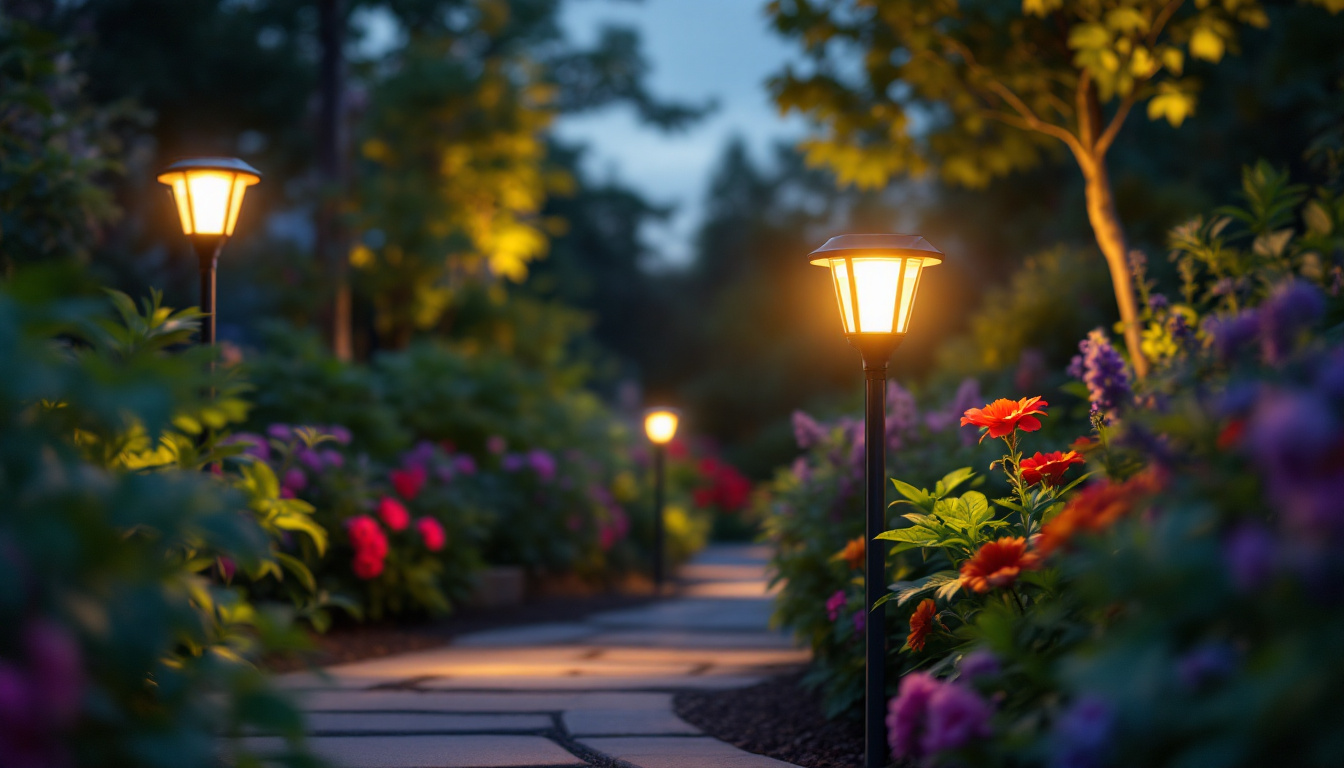 A photograph of a beautifully illuminated outdoor garden scene at dusk