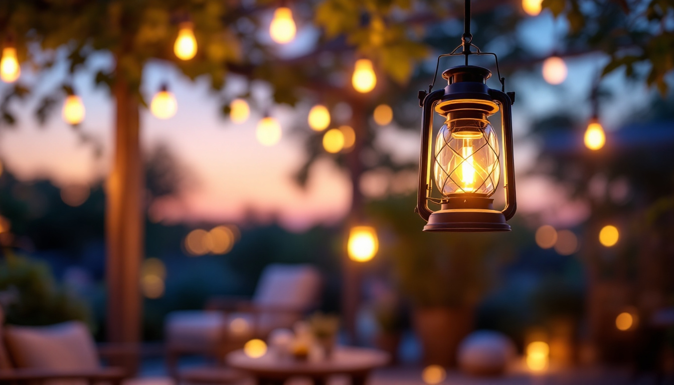 A photograph of a beautifully lit outdoor hanging lantern suspended in an inviting garden or patio setting during twilight