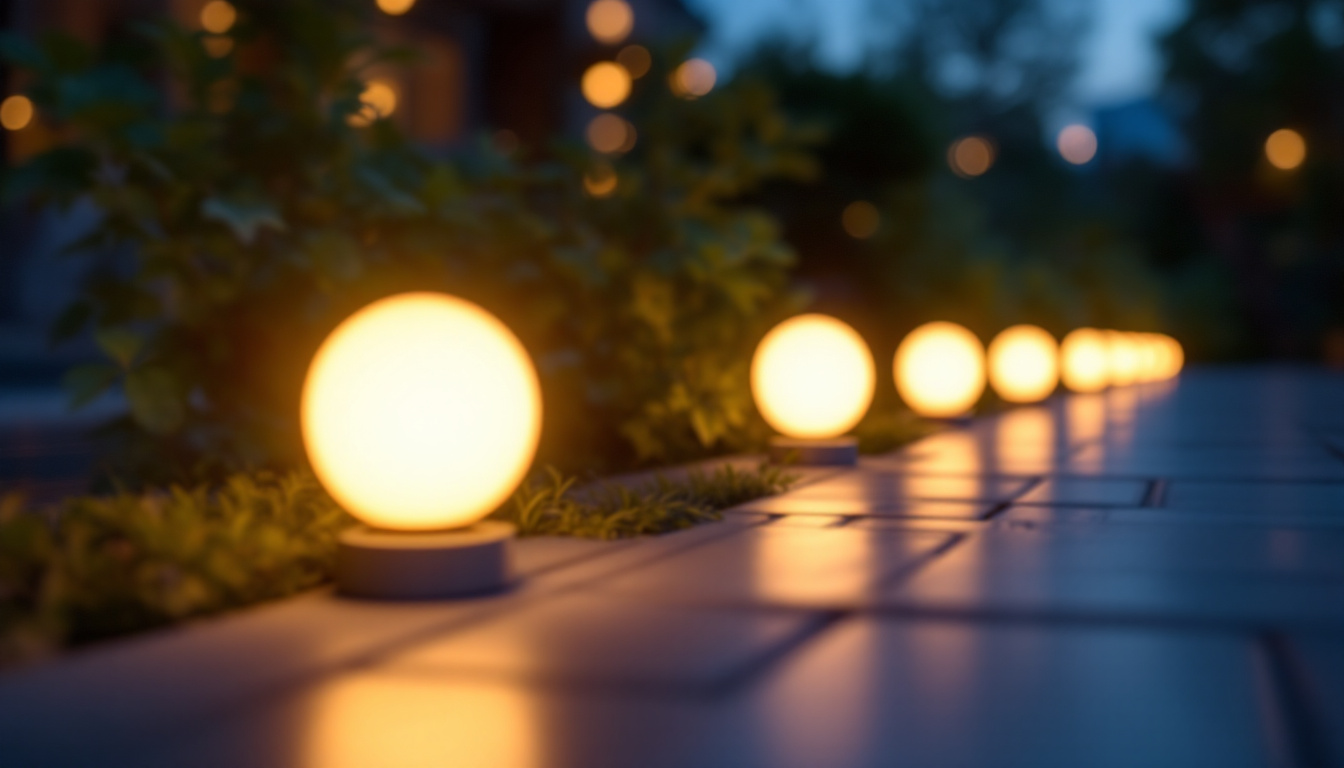 A photograph of a serene outdoor setting illuminated by round solar lights at dusk