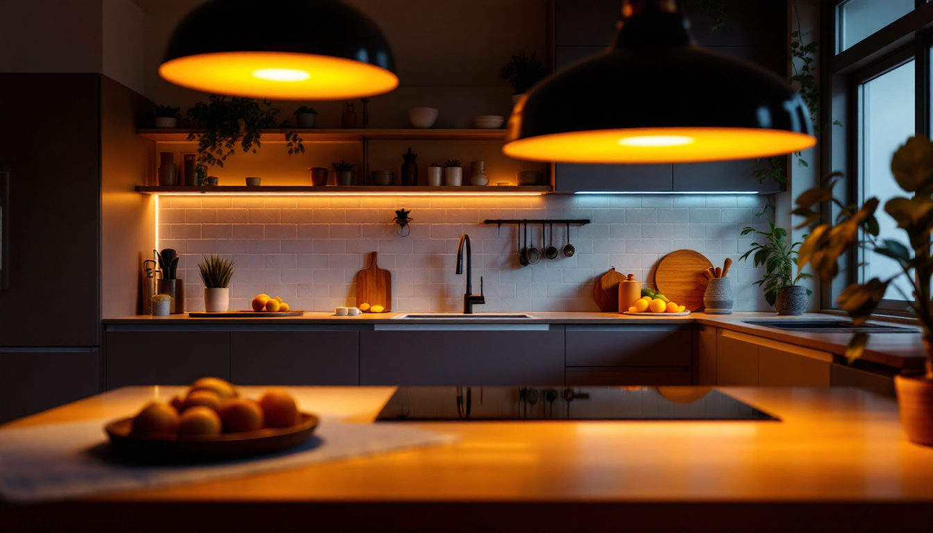 A photograph of a modern kitchen or living space illuminated by warm