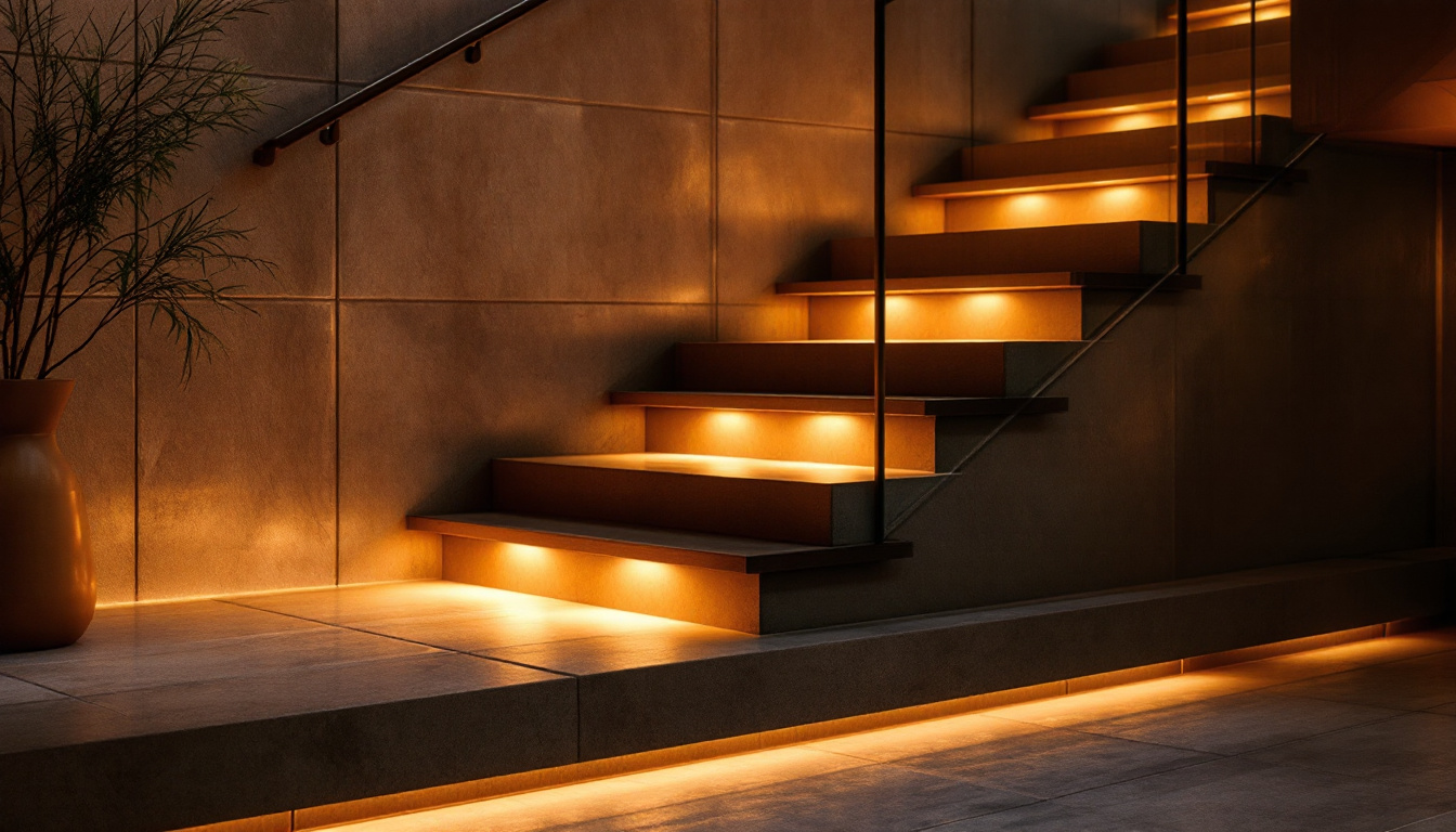 A photograph of a modern staircase illuminated by stylish stair puck lighting