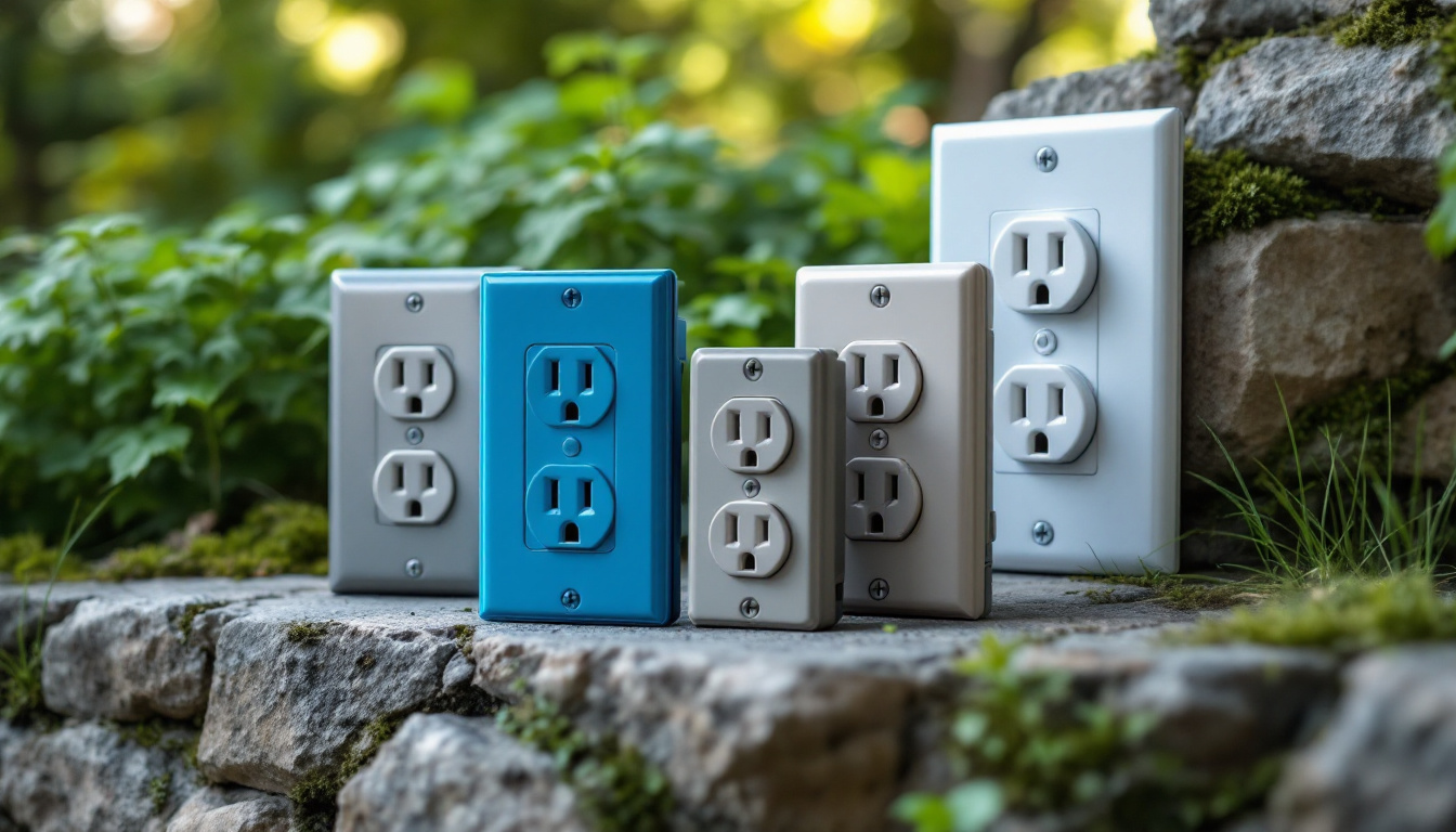 A photograph of a variety of electrical outdoor outlet covers displayed in a natural outdoor setting
