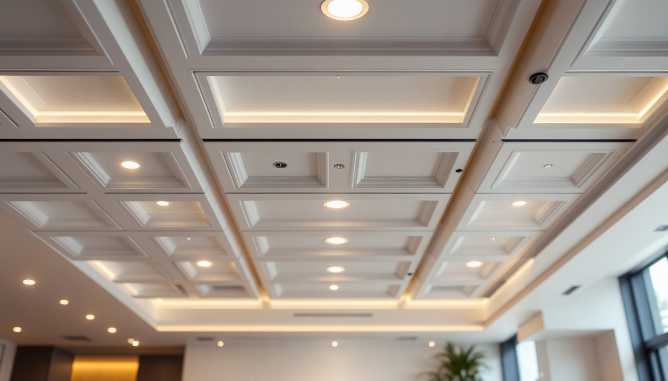 A photograph of a beautifully designed ceiling featuring integrated can lights within ceiling tiles