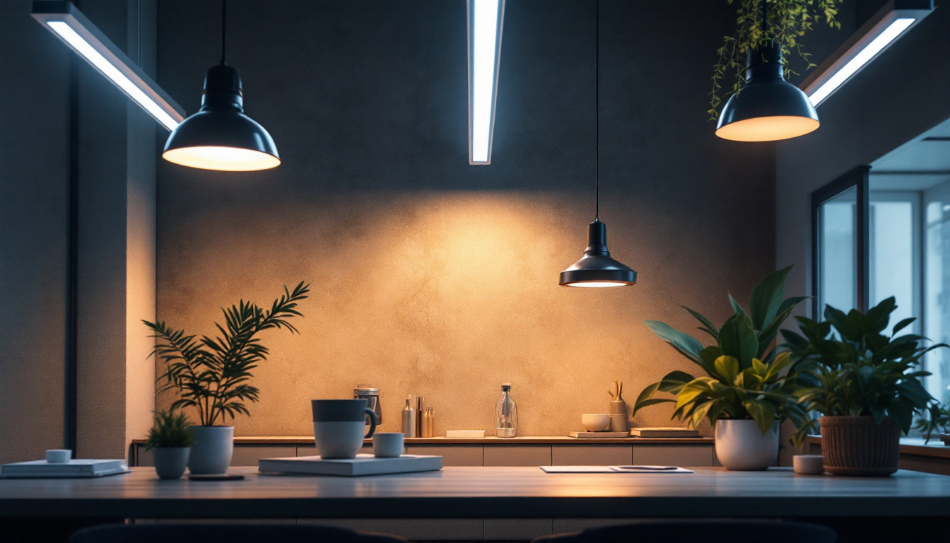 A photograph of a modern lighting design setting that showcases both led and fluorescent fixtures in use