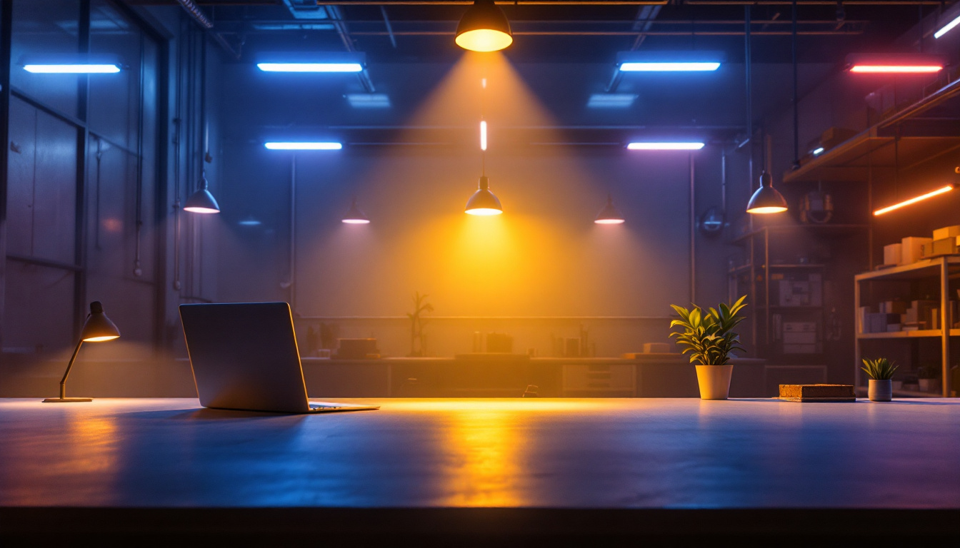 A photograph of a modern industrial workspace illuminated by vibrant led lighting