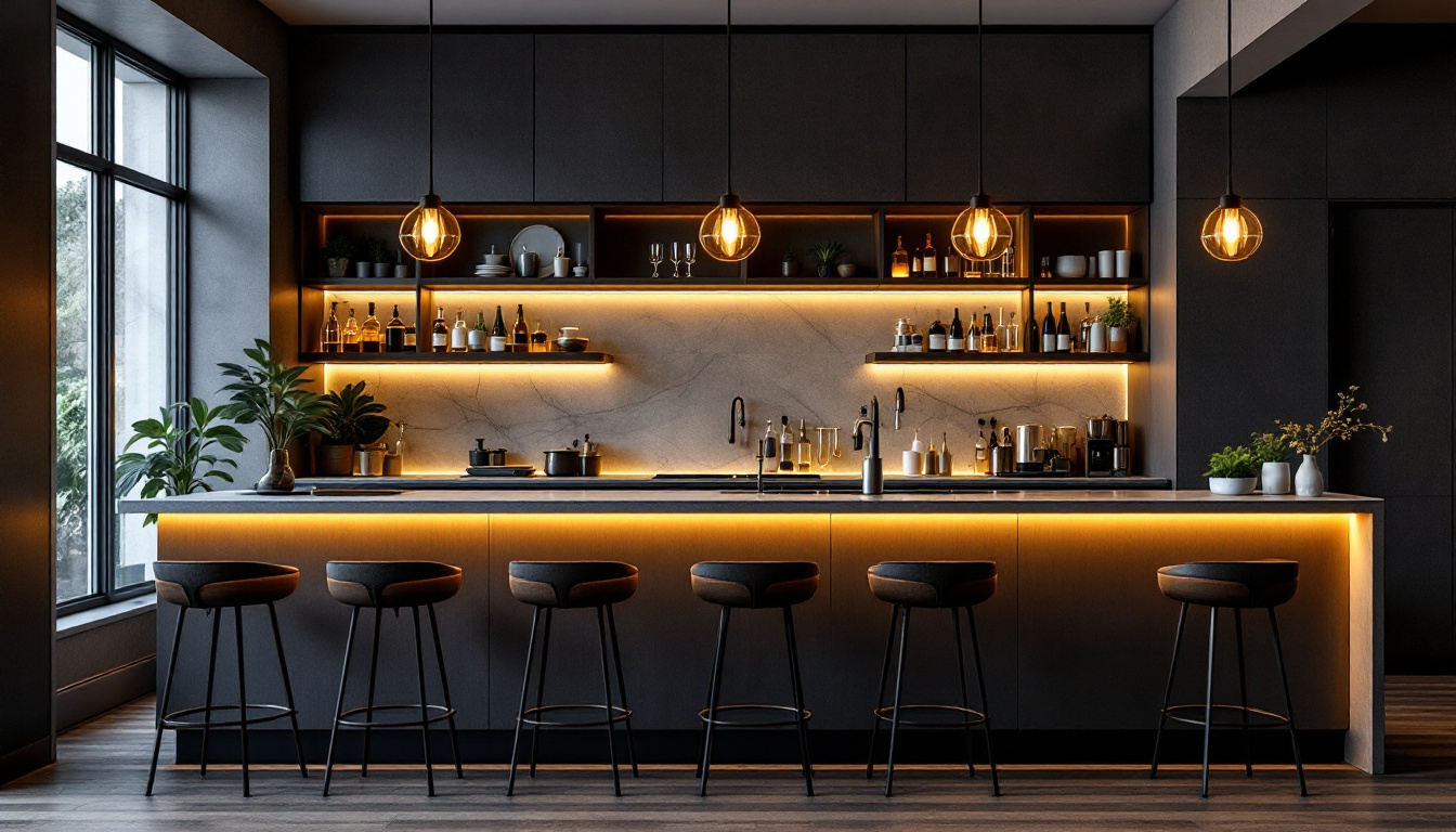 A photograph of a stylish kitchen featuring elegant bar lighting