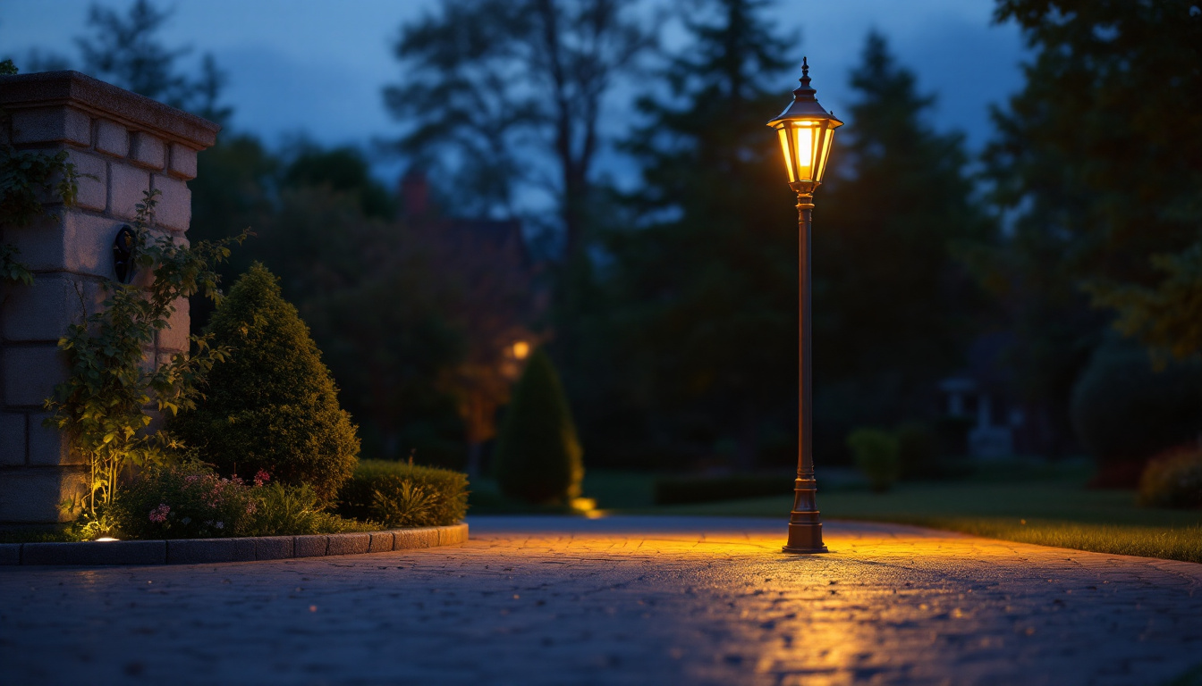 A photograph of a beautifully designed driveway lamp post illuminating a well-maintained driveway at dusk