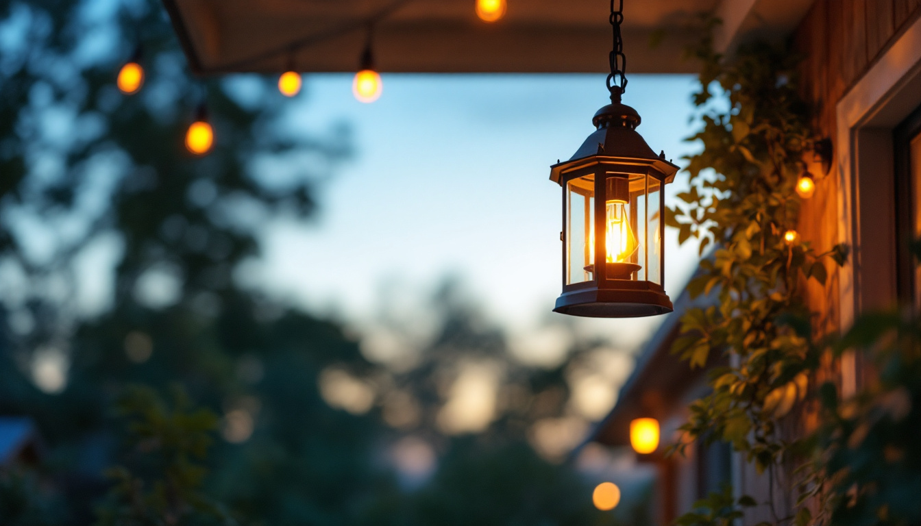 A photograph of a beautifully illuminated hanging porch lantern at dusk
