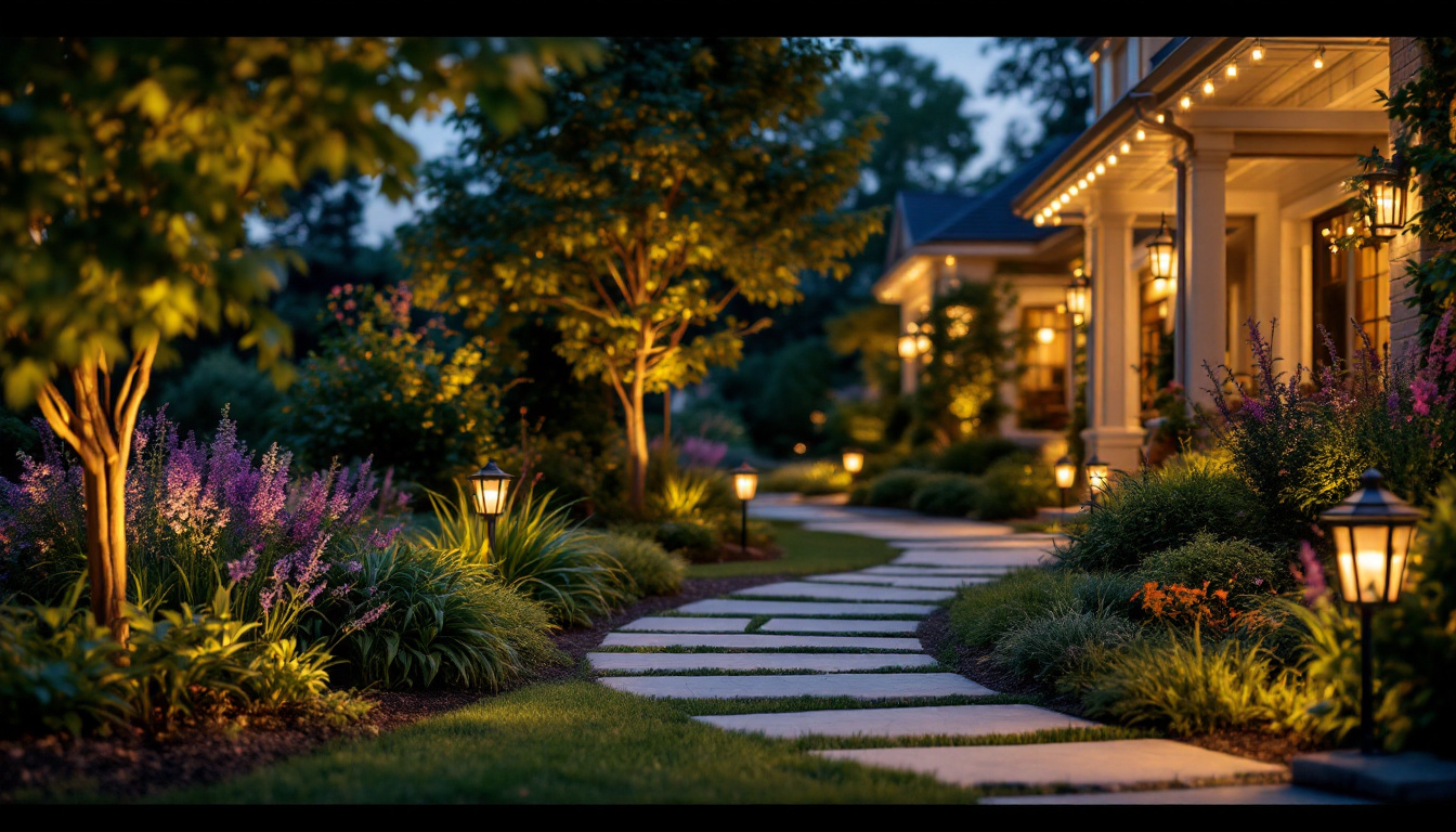 A photograph of a beautifully landscaped outdoor space illuminated by lowe's dusk to dawn lights