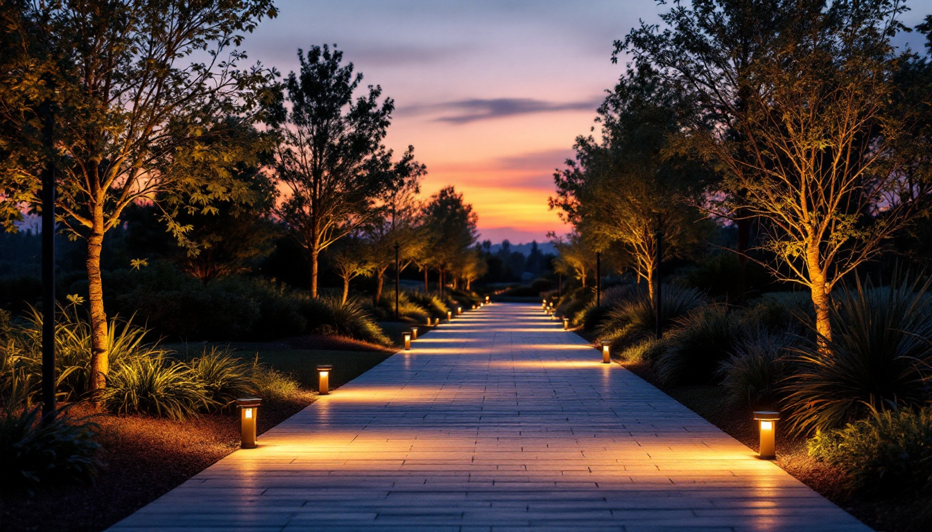 A photograph of a beautifully illuminated outdoor pathway at dusk