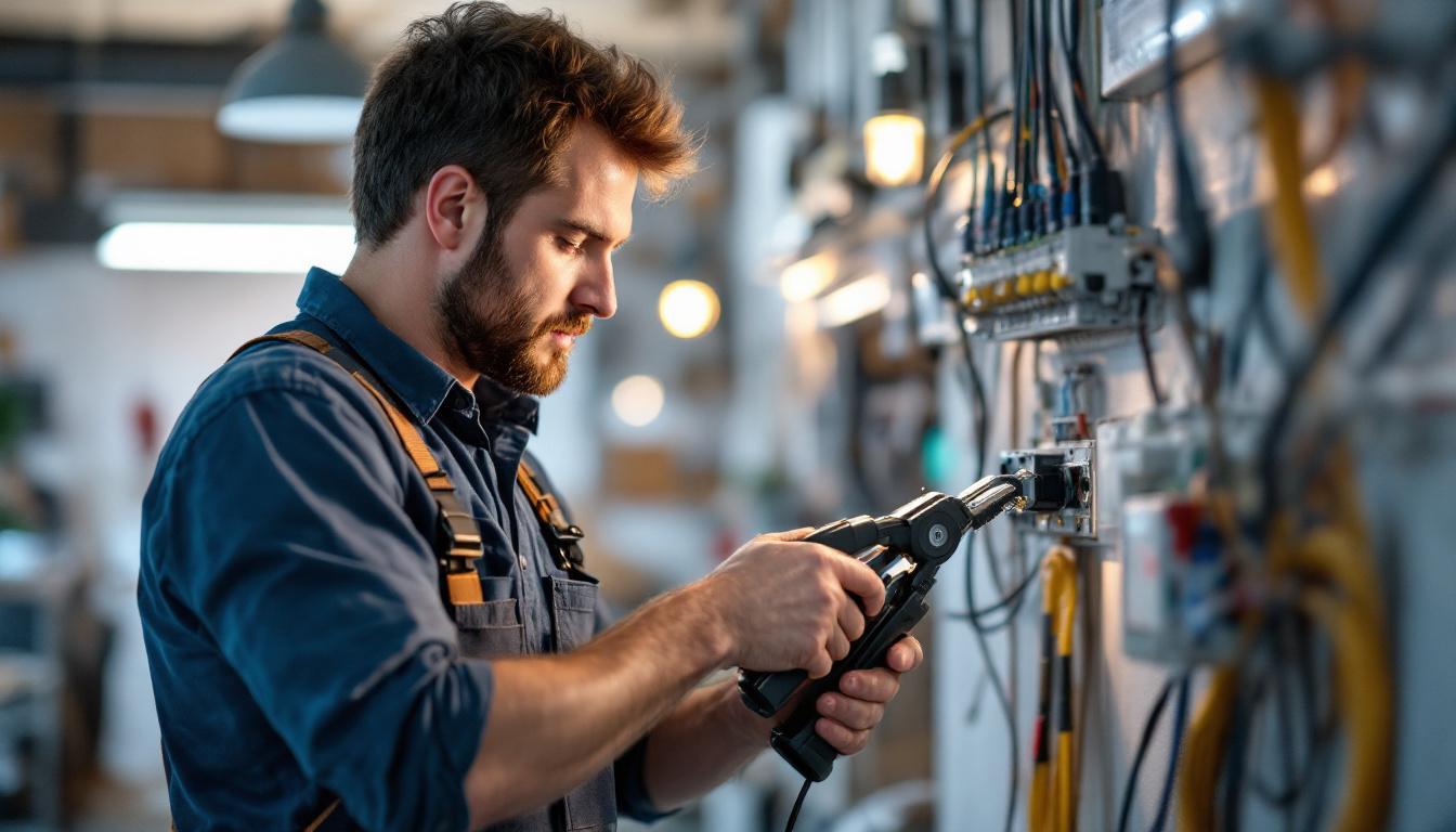 A photograph of a skilled electrician using an electrical wire puller in a well-lit
