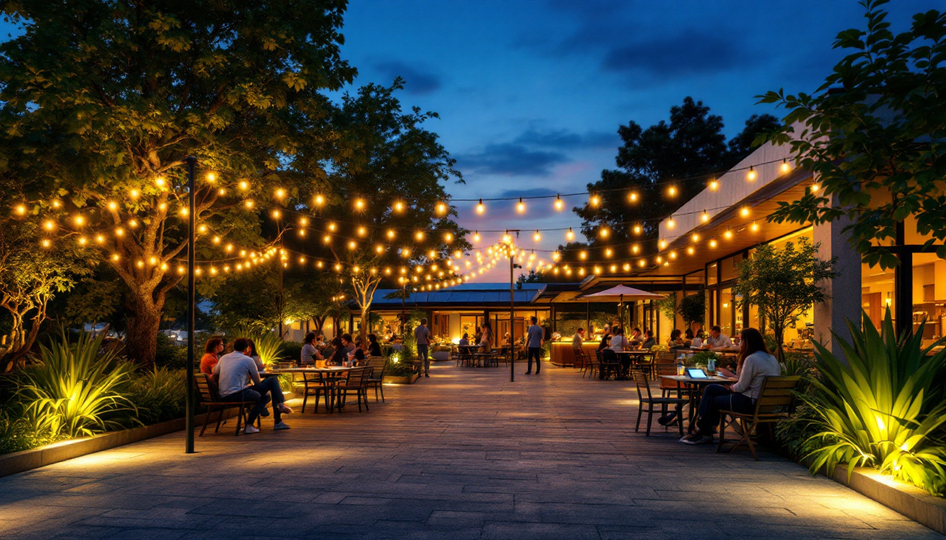 A photograph of a vibrant outdoor setting illuminated by solar-powered lights