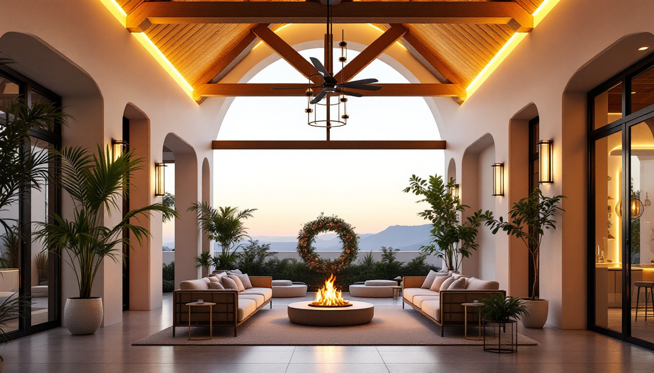 A photograph of a beautifully designed outdoor space featuring a ceiling mount cathedral ceiling