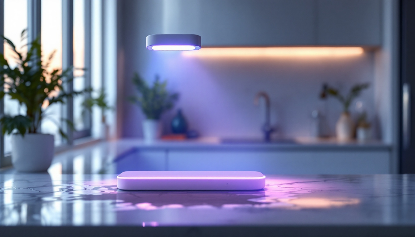 A photograph of a uv disinfection lamp in action