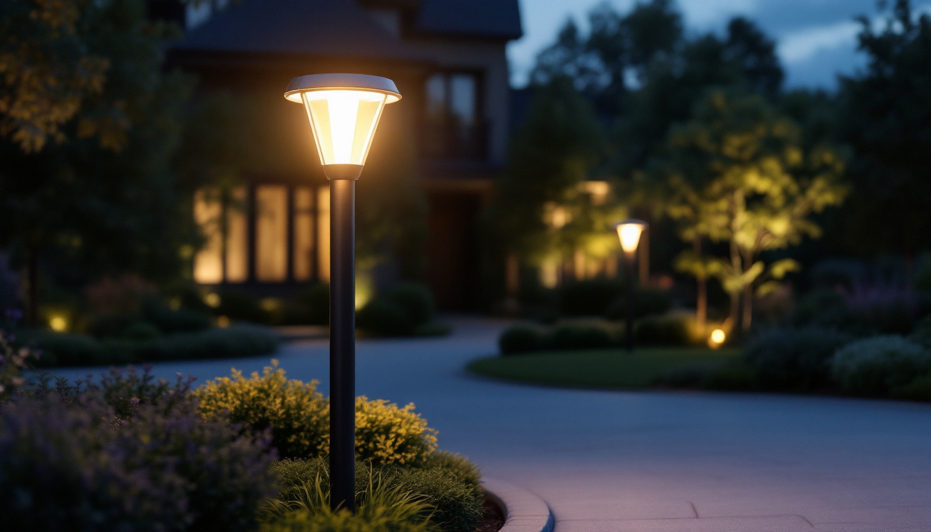 A photograph of a modern driveway light pole illuminated at dusk