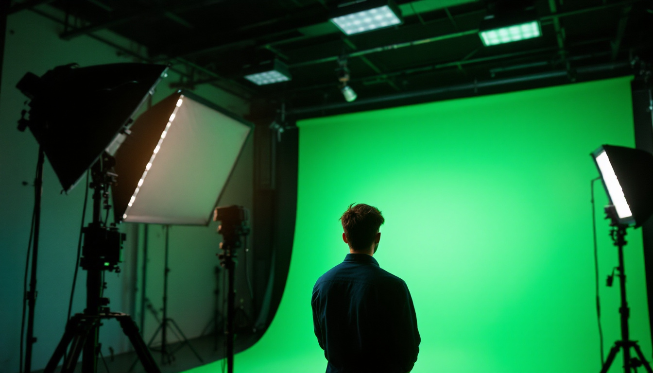A photograph of a well-lit green screen setup in a studio