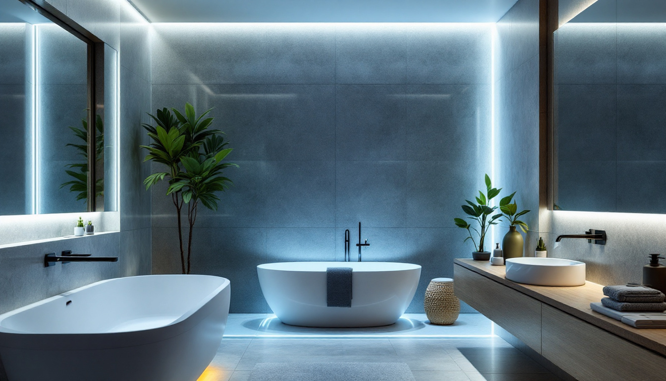 A photograph of a modern bathroom featuring stylish led lighting that highlights energy-efficient fixtures and a serene