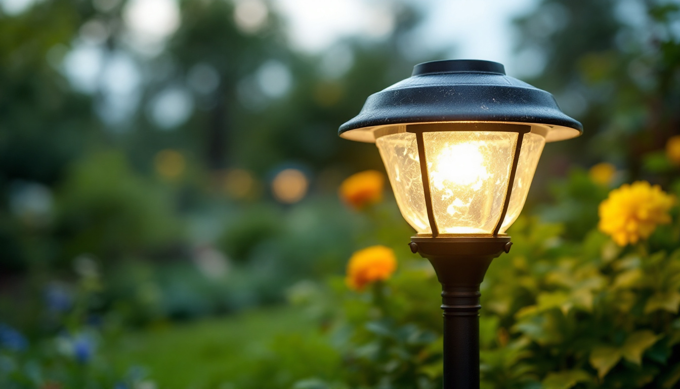 A photograph of a close-up of a solar garden light in a lush garden setting