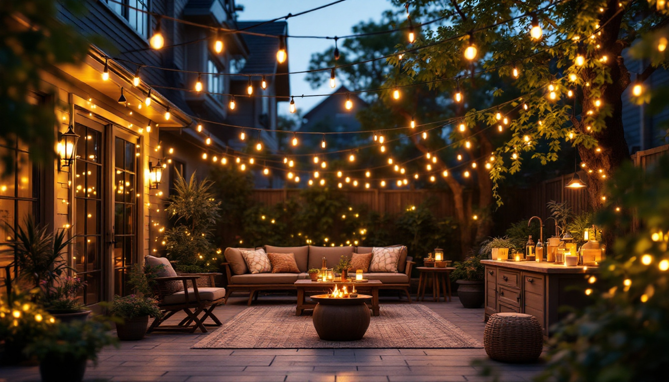 A photograph of a beautifully lit patio adorned with a variety of outdoor string lights