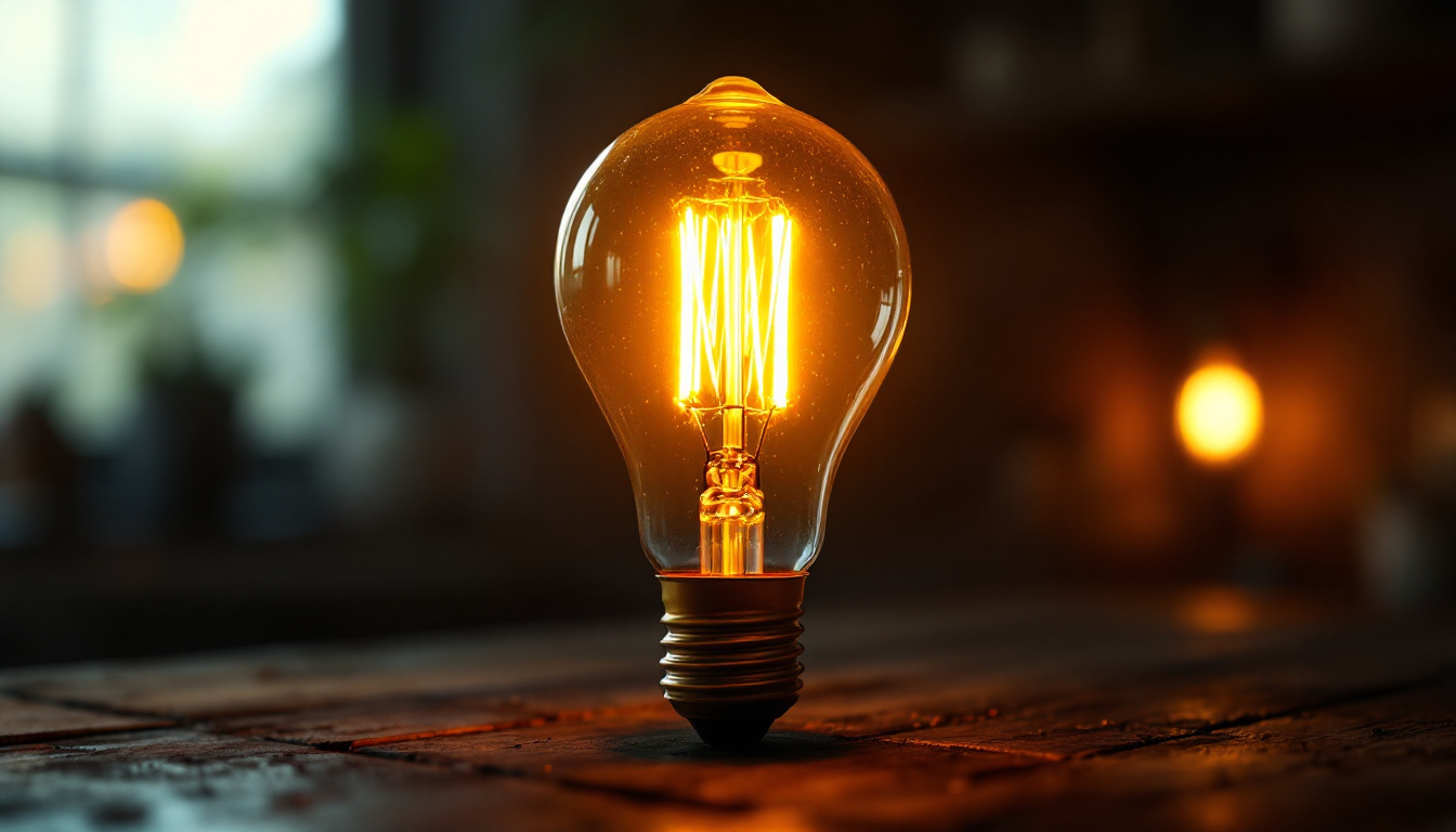 A photograph of a vintage light bulb glowing warmly in a dimly lit setting