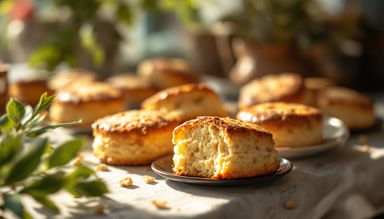A photograph of a beautifully styled scone display illuminated by soft
