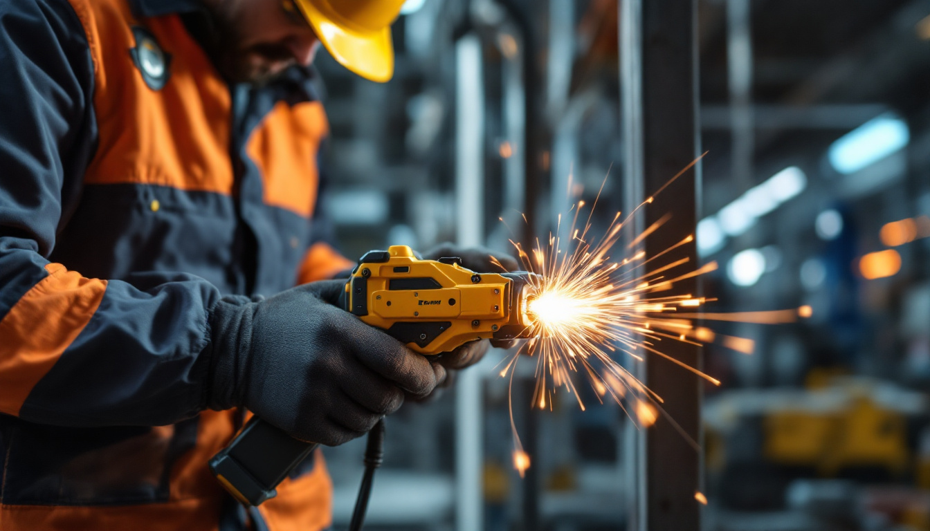 A photograph of a skilled technician using a modern electric wire puller in an industrial setting
