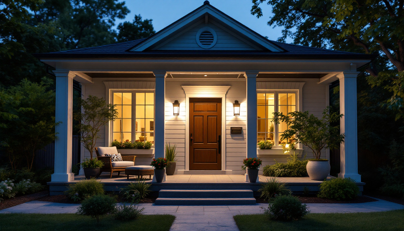 A photograph of a beautifully designed porch featuring a stylish flush mount light fixture