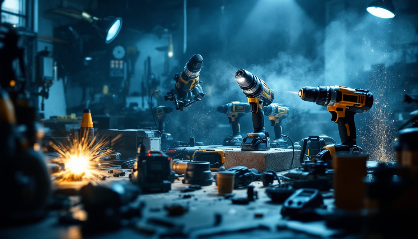A photograph of a well-lit workspace showcasing a variety of commercial electric tools in use