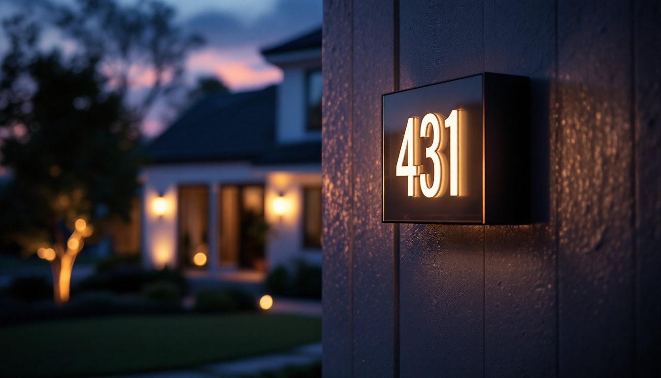 A photograph of a beautifully illuminated house number light at dusk