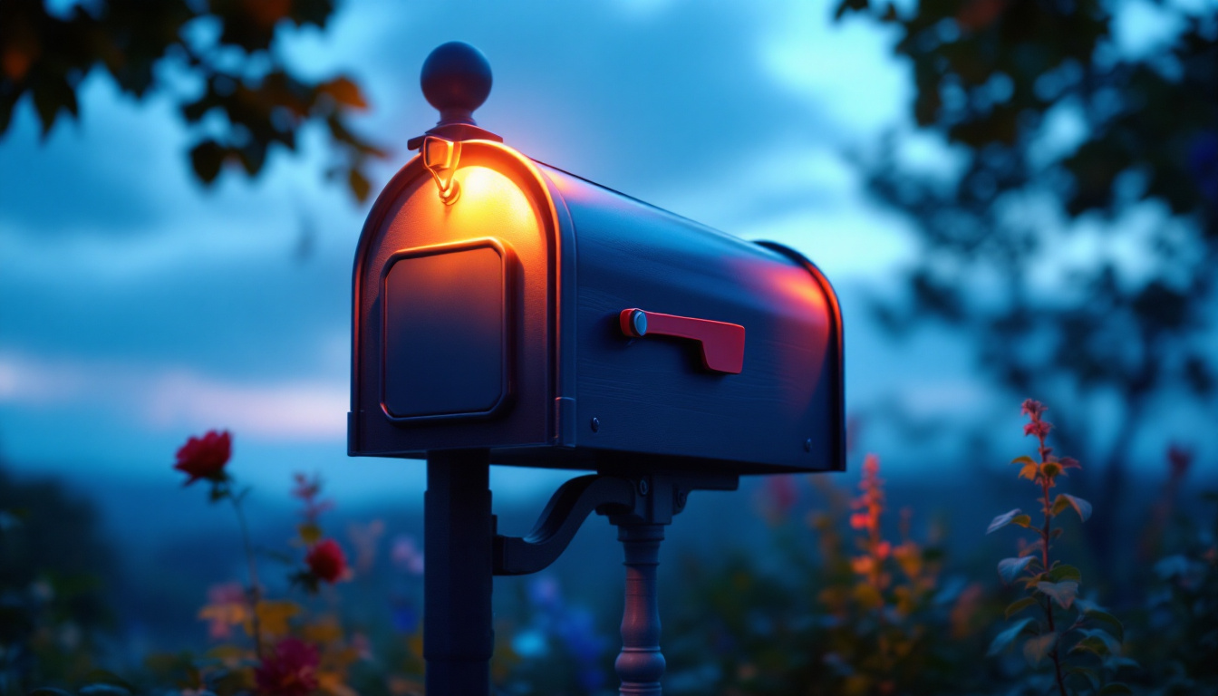 A photograph of a beautifully illuminated mailbox at dusk