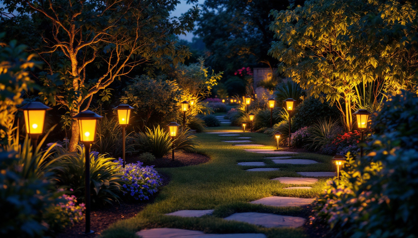 A photograph of a beautifully illuminated garden at dusk