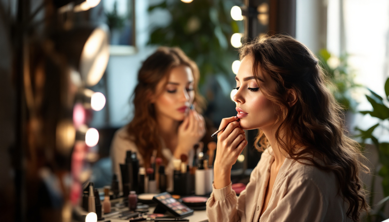 A photograph of a beautifully lit vanity setup featuring a makeup station with strategically placed lighting that enhances the application process
