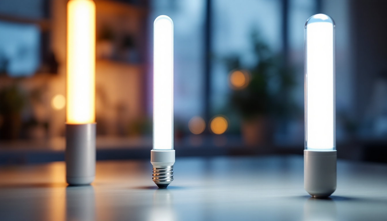 A photograph of capture a photograph of a side-by-side comparison of a led tube and a fluorescent tube illuminated in a well-lit environment