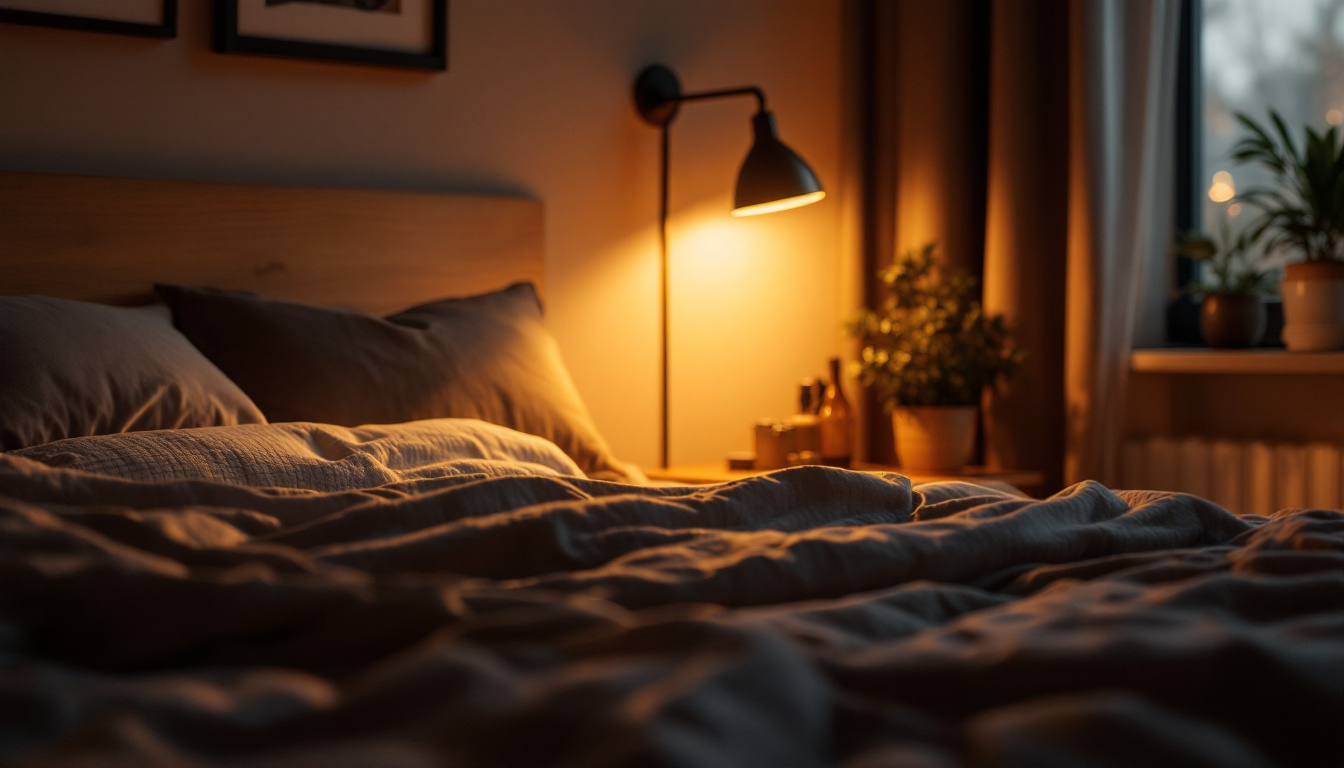 A photograph of a cozy bedroom scene featuring a stylish bedlight illuminating a well-made bed