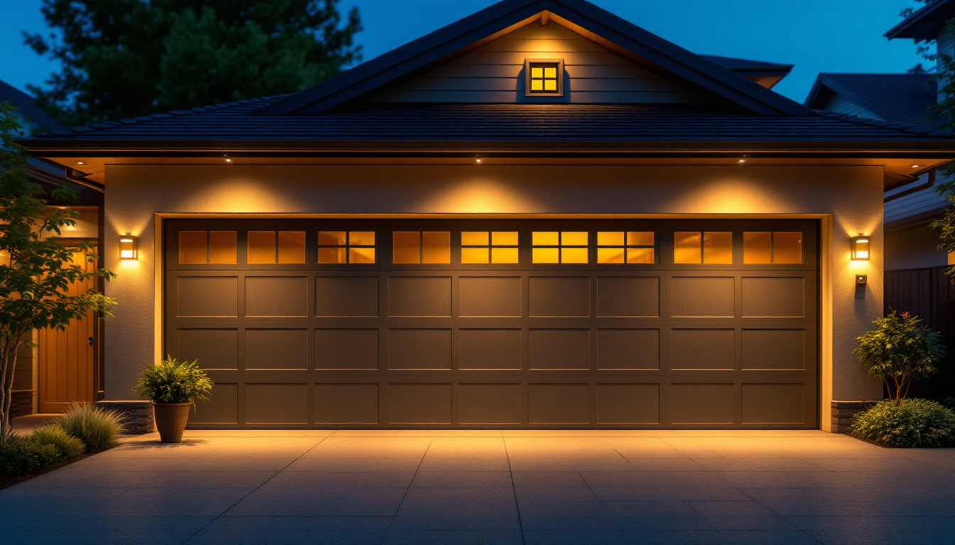A photograph of a stylish and well-lit exterior garage showcasing modern outdoor garage door lights
